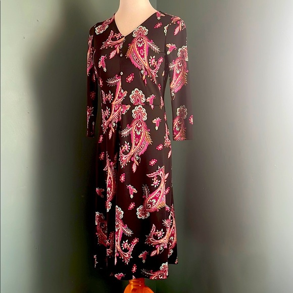 Talbots Black and Pink Sheath Midi Dress V-Neck 3/4 Sleeve - Picture 1 of 7